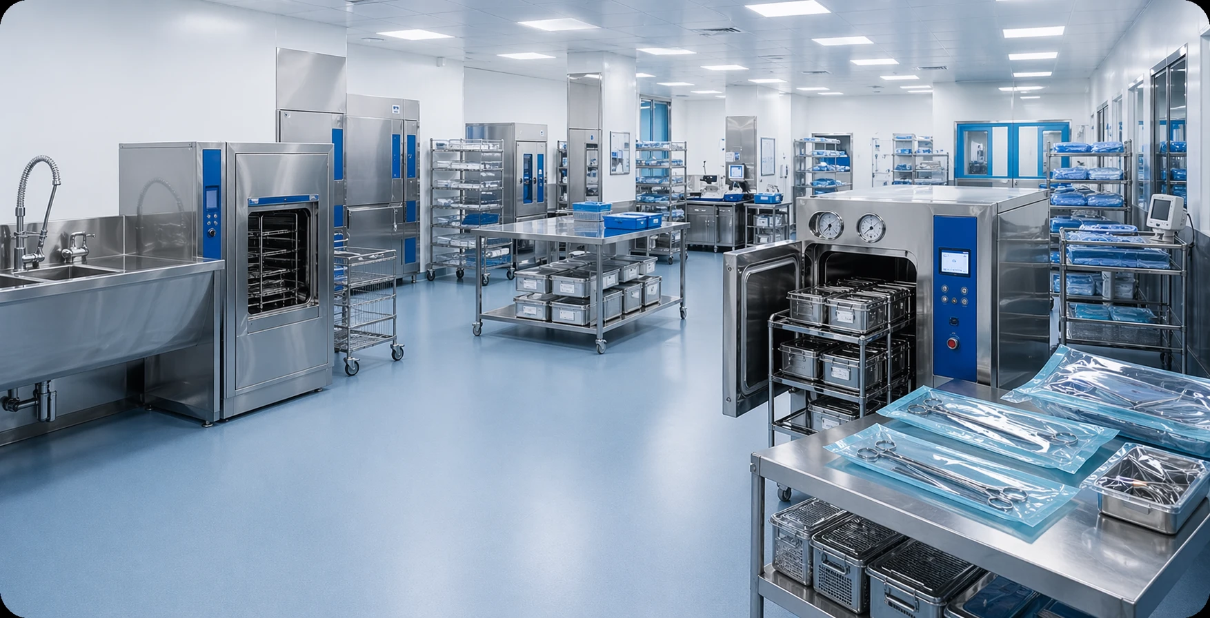 Sterilization and CSSD equipment in a hospital processing room